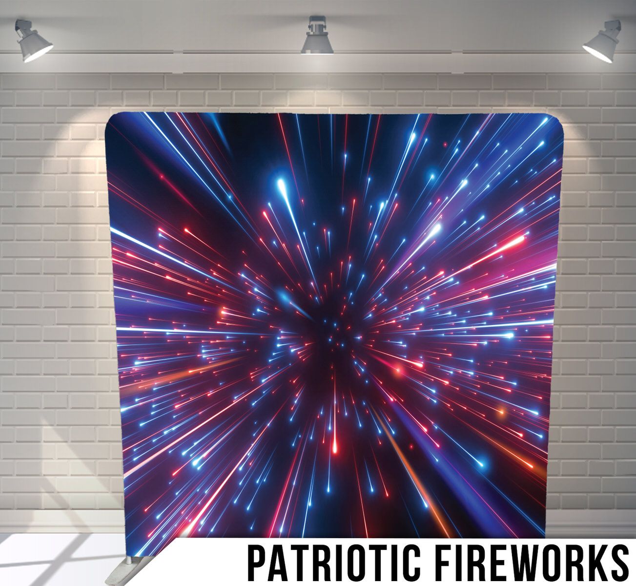 Dynamic red and blue light streaks creating a patriotic fireworks effect against dark background.