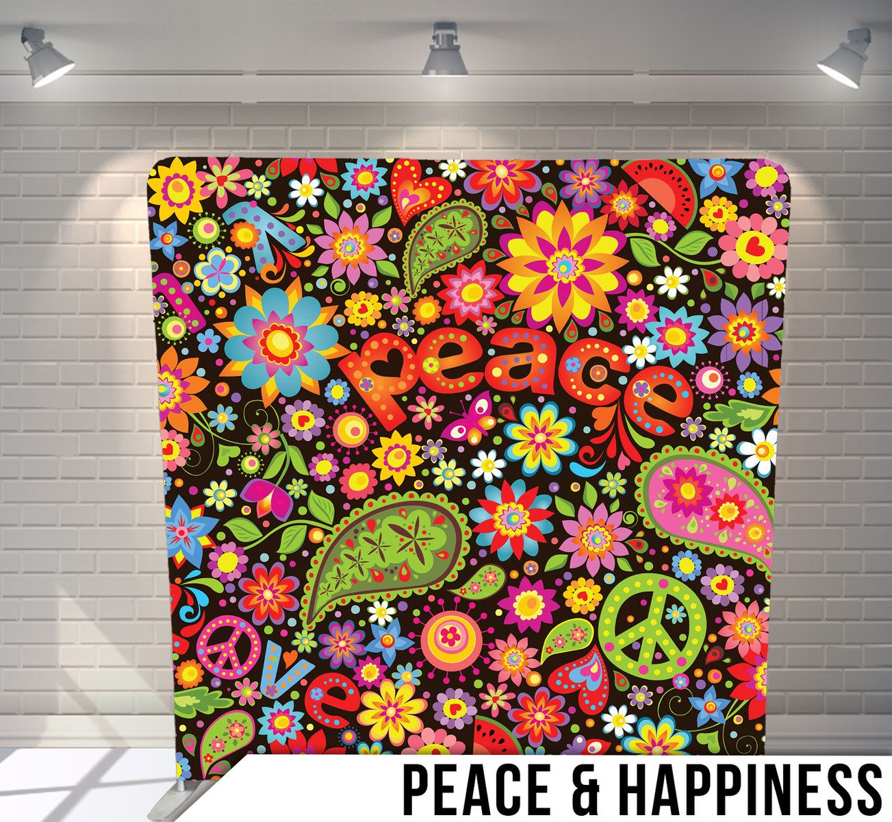 Colorful retro floral pattern with peace symbols and paisley designs on black background.