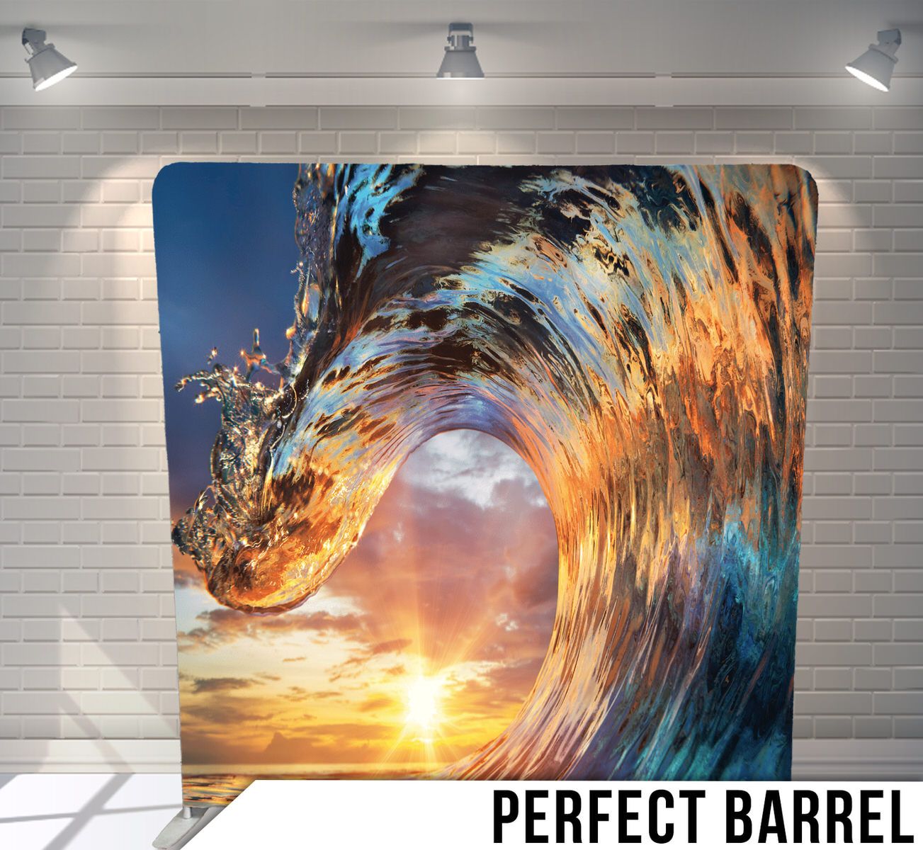 Dramatic ocean wave curling at sunset with golden sunlight shining through the barrel of crystal blue water.