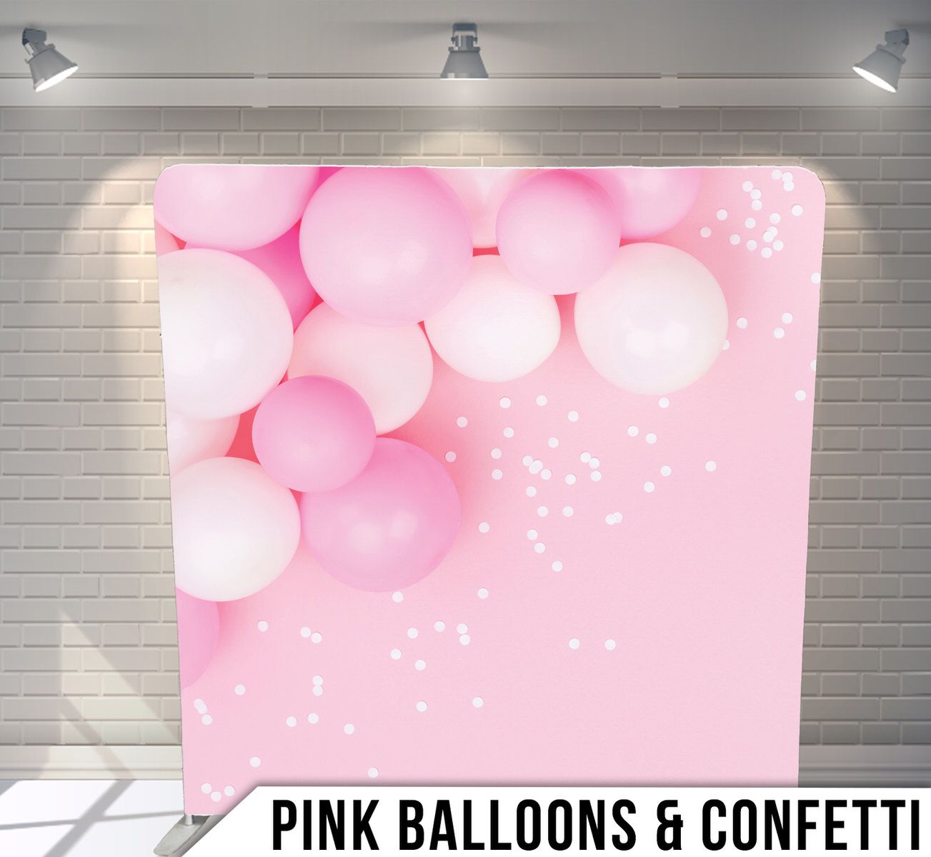 Pink balloons and glittering confetti arranged against a soft pink backdrop for party decoration.