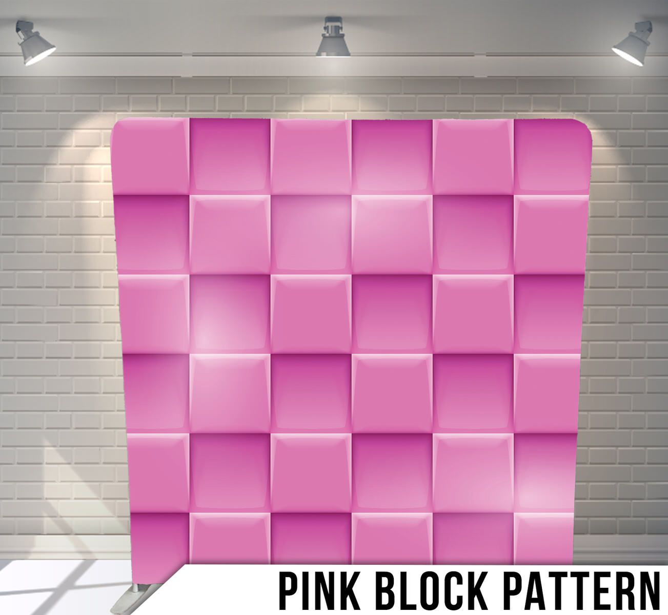 Three-dimensional pink cube pattern forming a geometric grid wall backdrop.