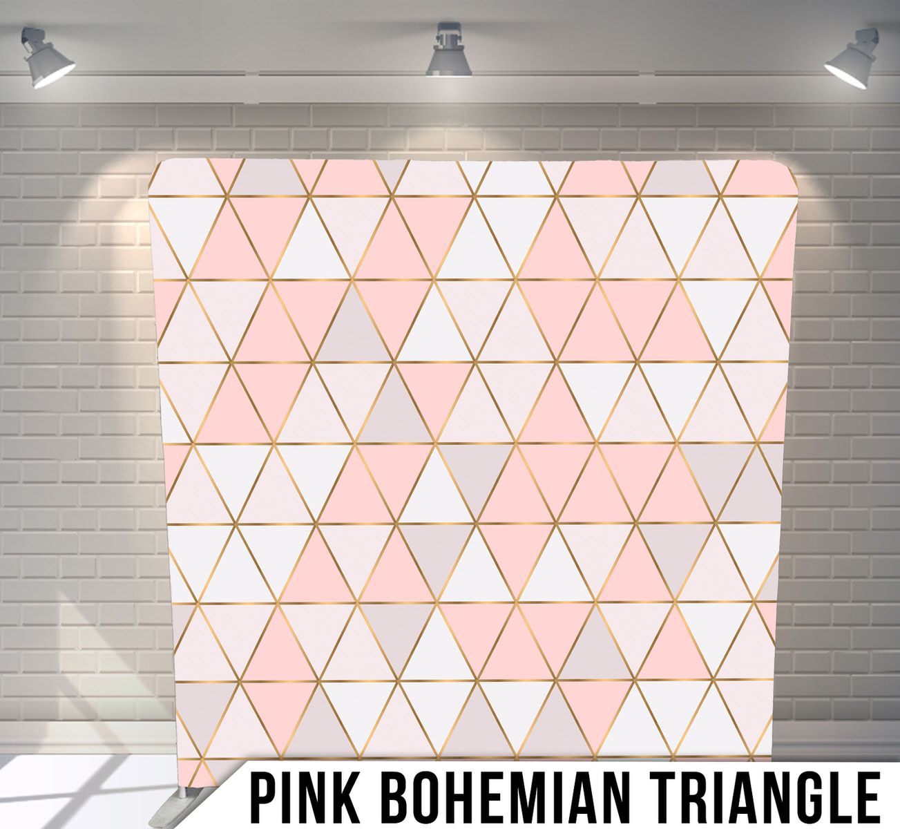 Delicate pink and rose gold geometric triangle pattern with white accents.