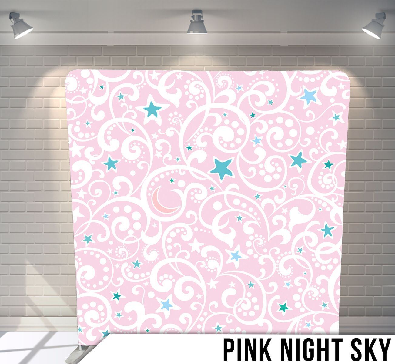Whimsical pink swirl pattern with blue stars creating a dreamy night sky effect.