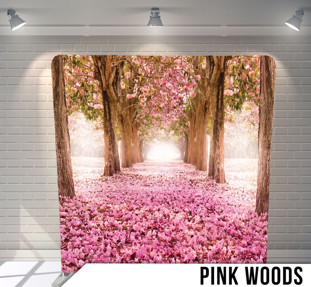 Magical tunnel of trees with pink cherry blossoms covering the ground.