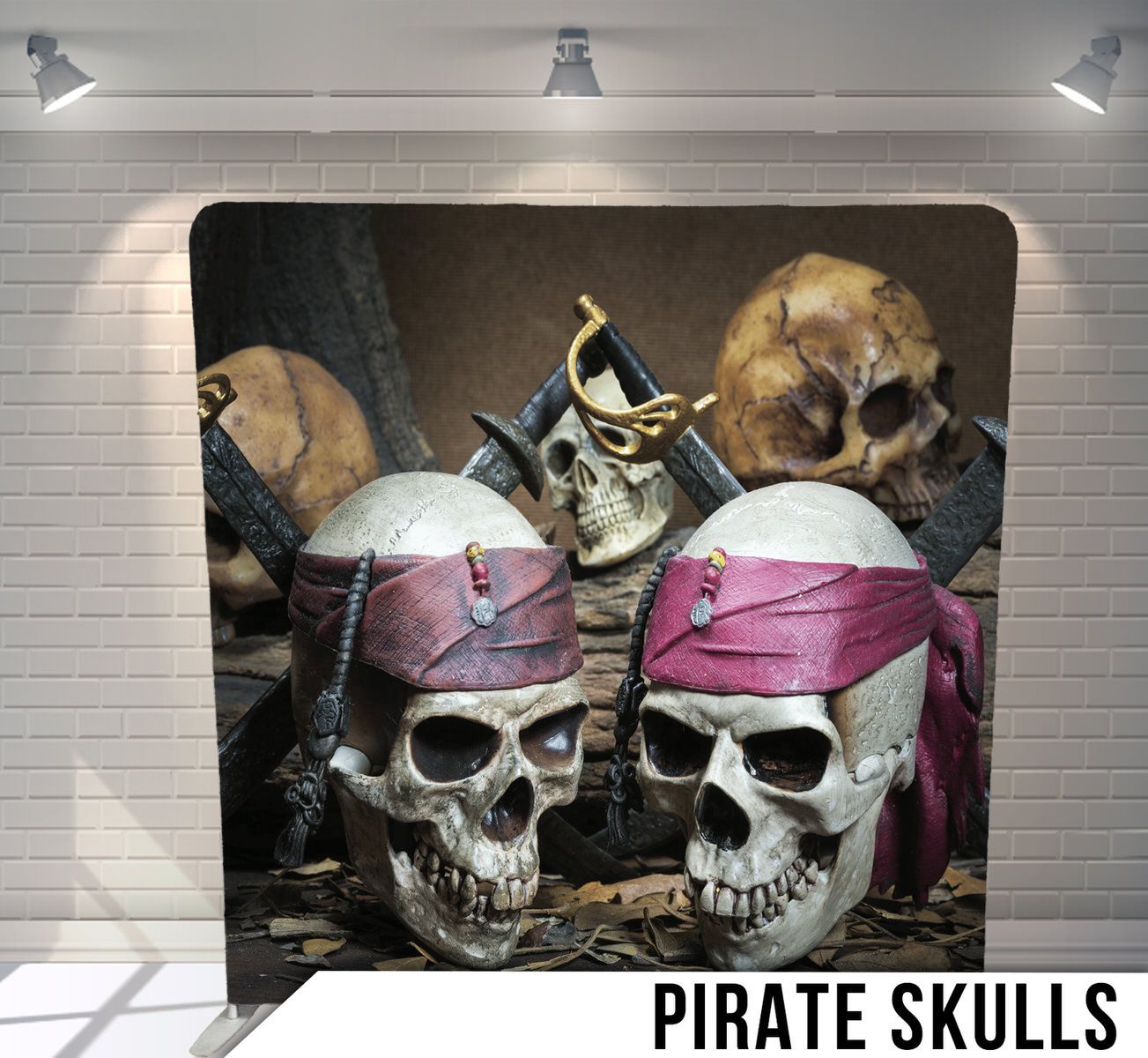 Two decorative pirate skulls wearing pink bandanas displayed against a dark background.