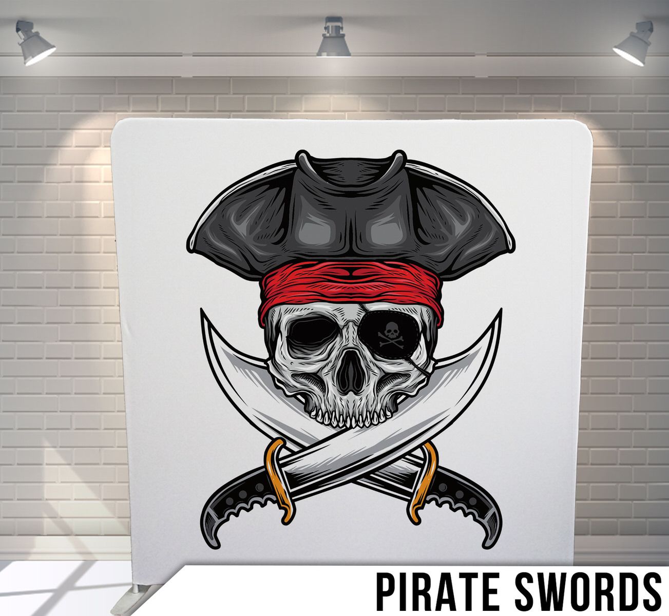 Skull and crossbones pirate design with red bandana and black tricorn hat crossed with silver cutlasses.