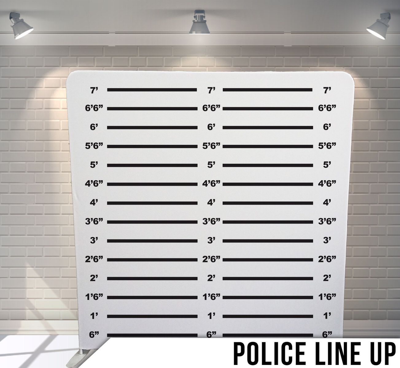 Police lineup or mugshot measurement background with horizontal measurement lines on white backdrop.