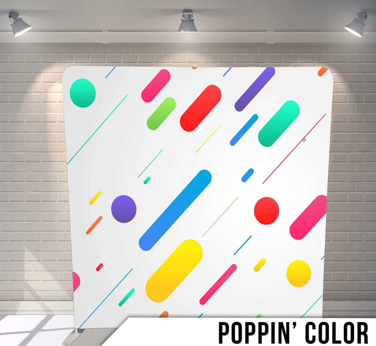 Abstract pattern of colorful diagonal lines and dots on white background.