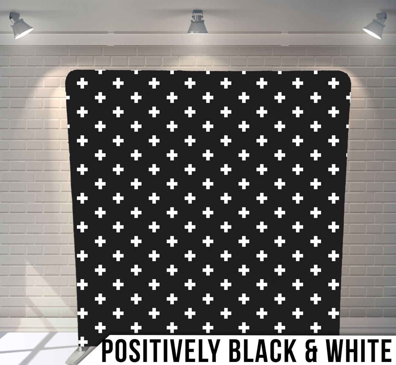Black and white cross pattern repeated on dark background creating a geometric design.