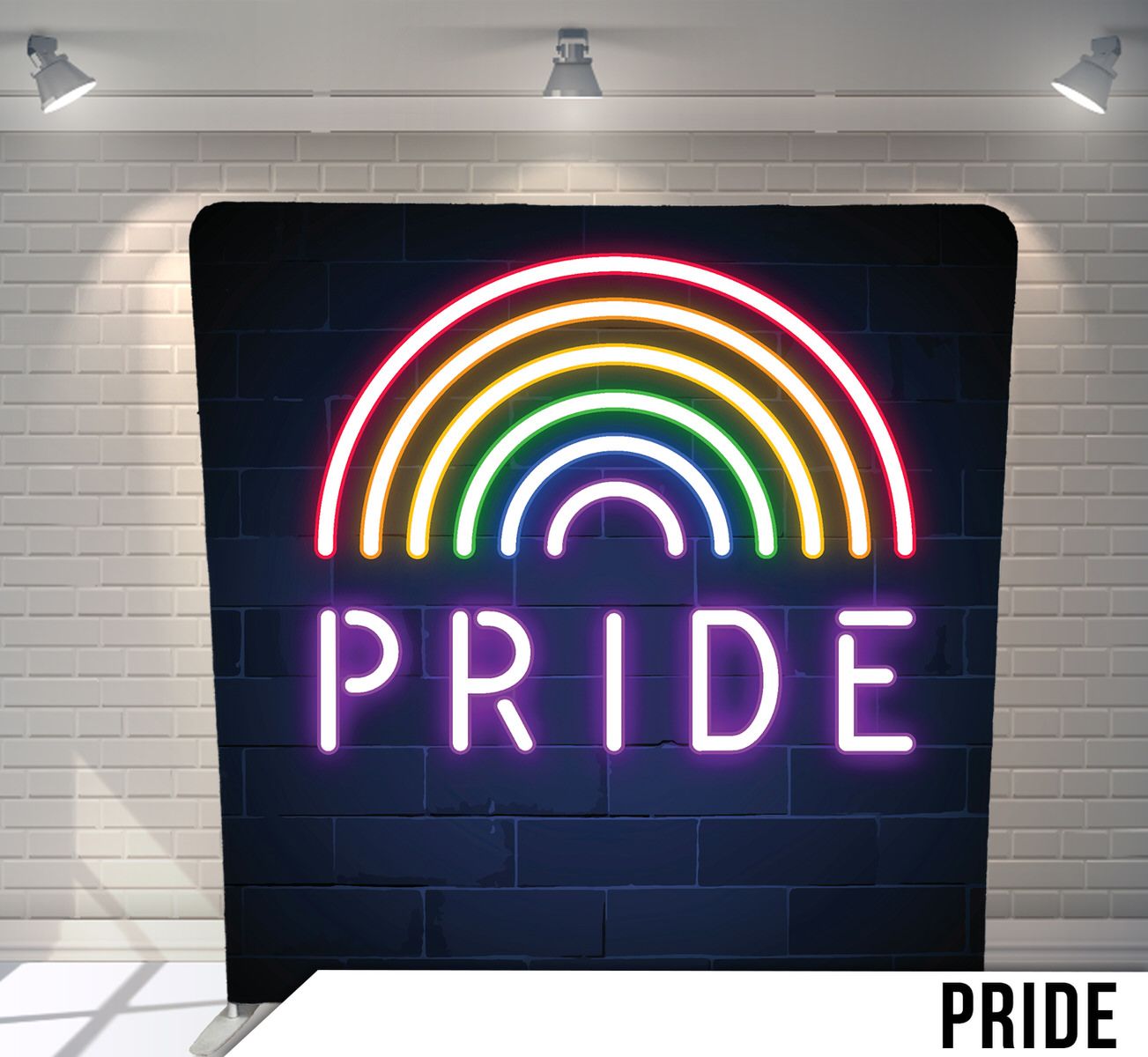 Neon rainbow pride sign with glowing text illuminated against a dark background.