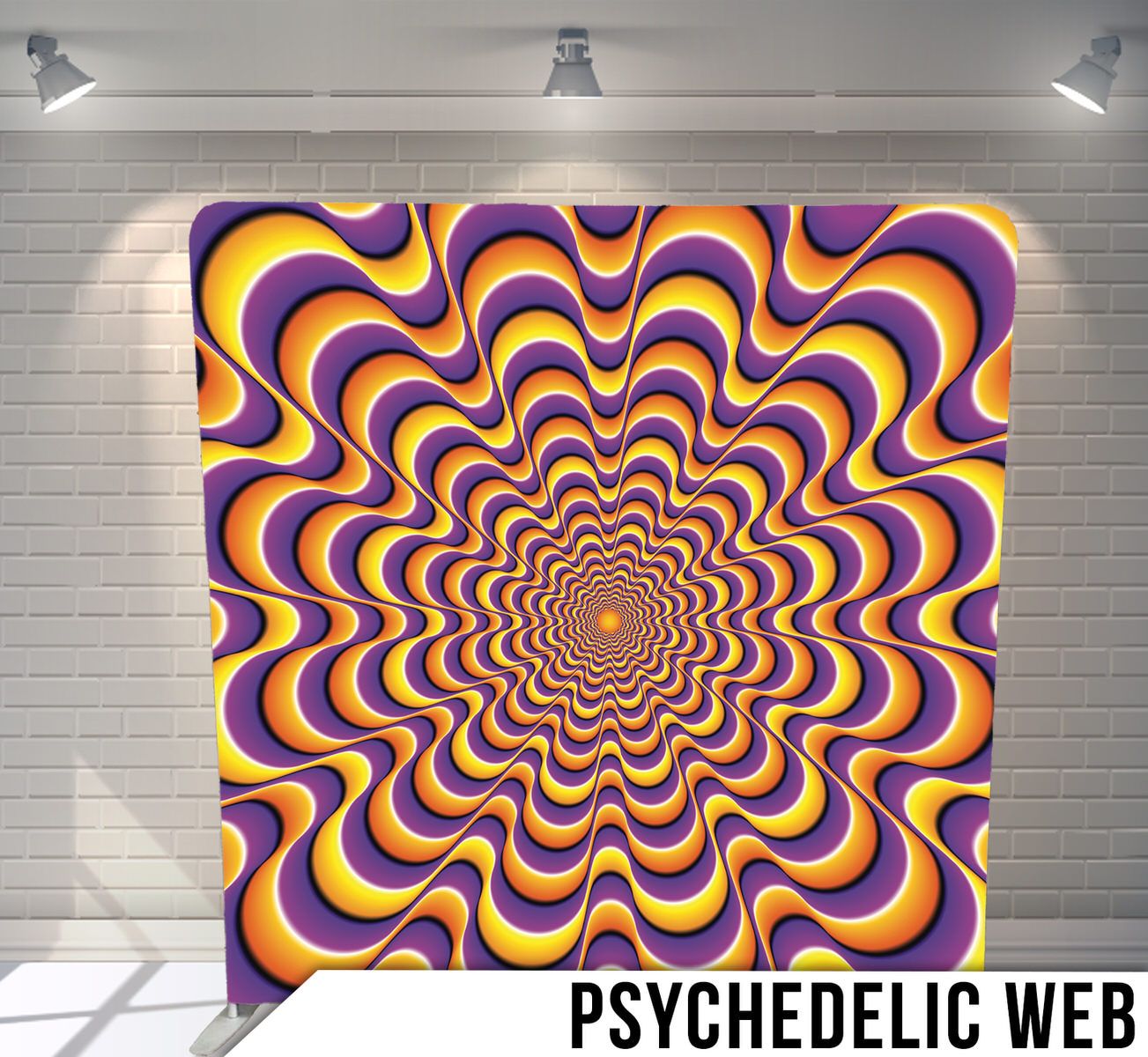 Hypnotic spiral pattern in purple and yellow creating an optical illusion effect.