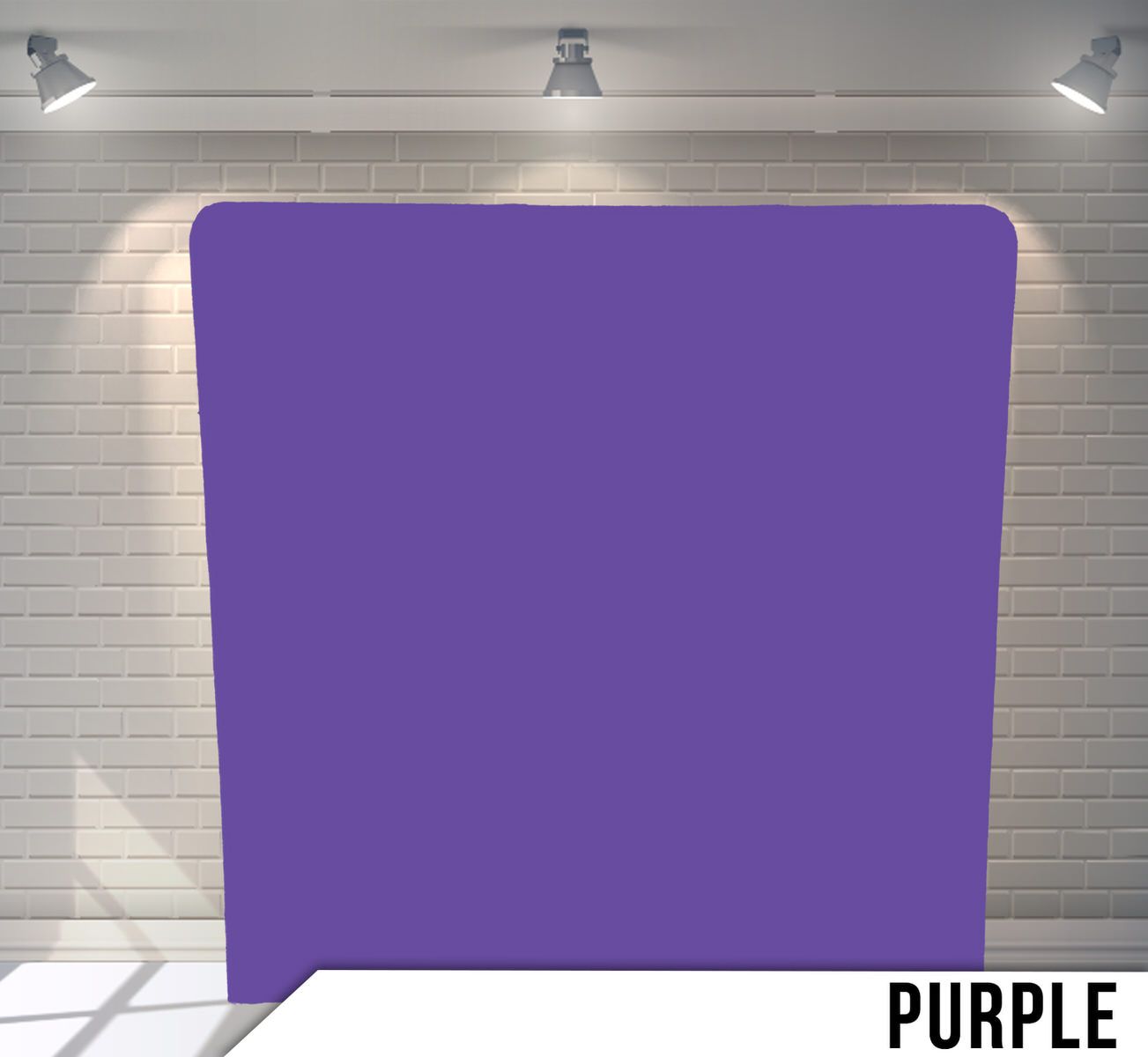 Solid purple backdrop with professional studio lighting and white brick wall.
