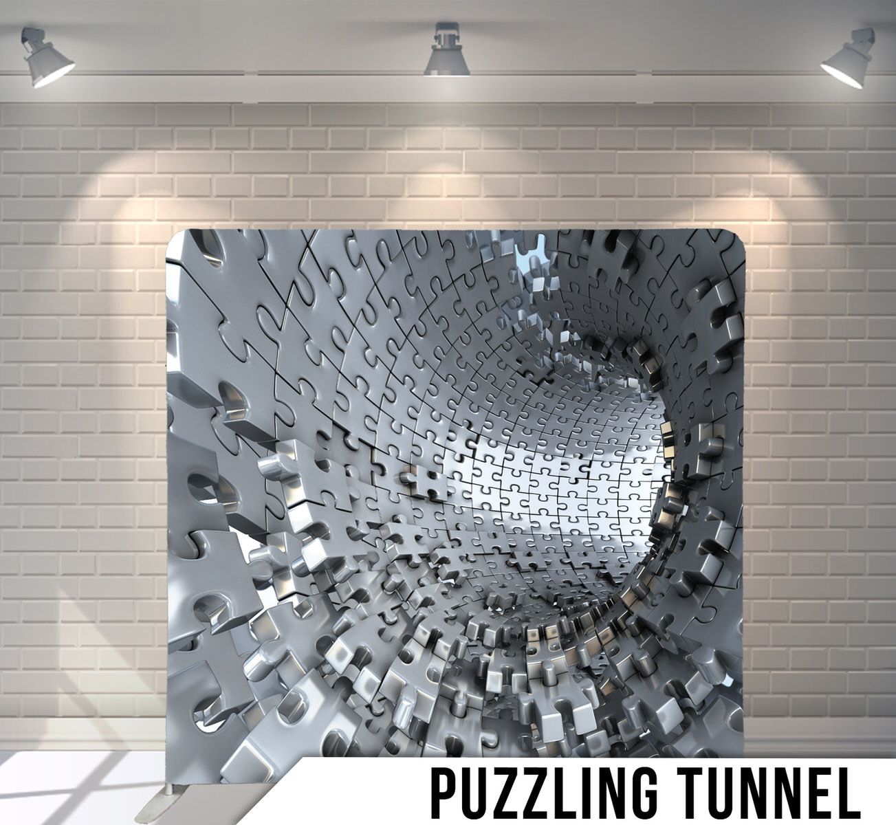 Abstract metallic tunnel made of silver puzzle pieces creating an optical illusion effect.