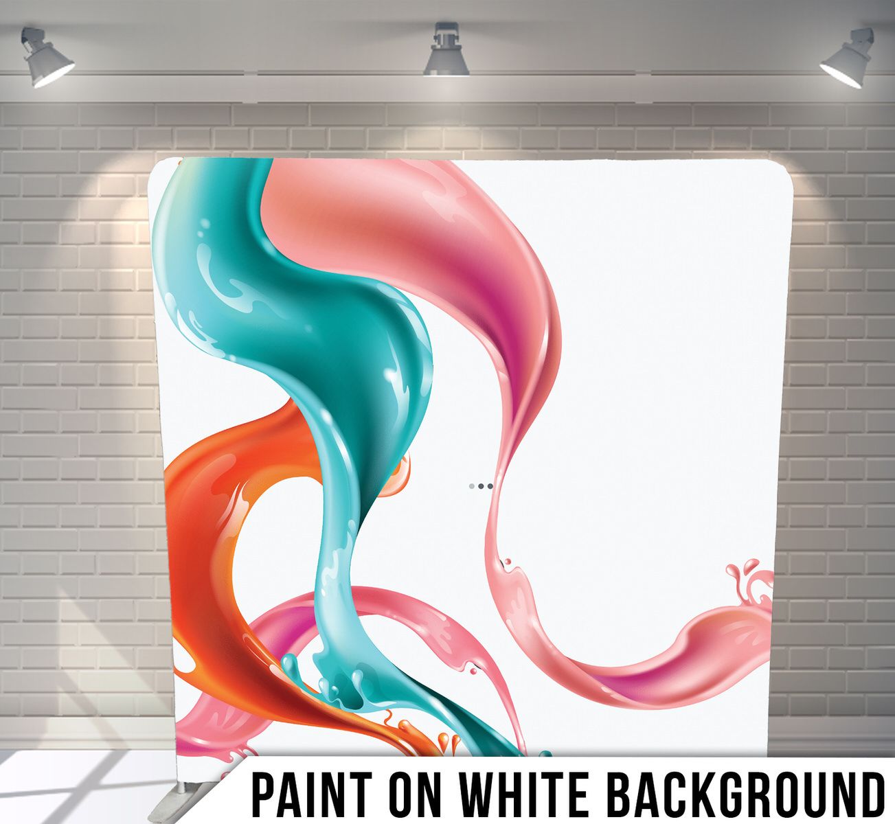 Flowing paint strokes in turquoise, pink and orange creating elegant curves on white background.
