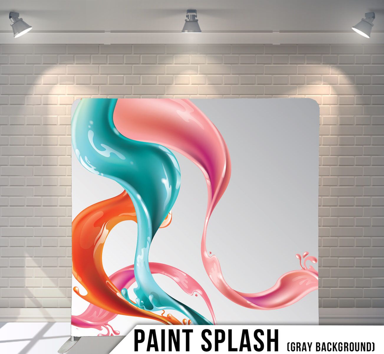 Fluid paint design featuring turquoise, pink and orange swirls on gray background.