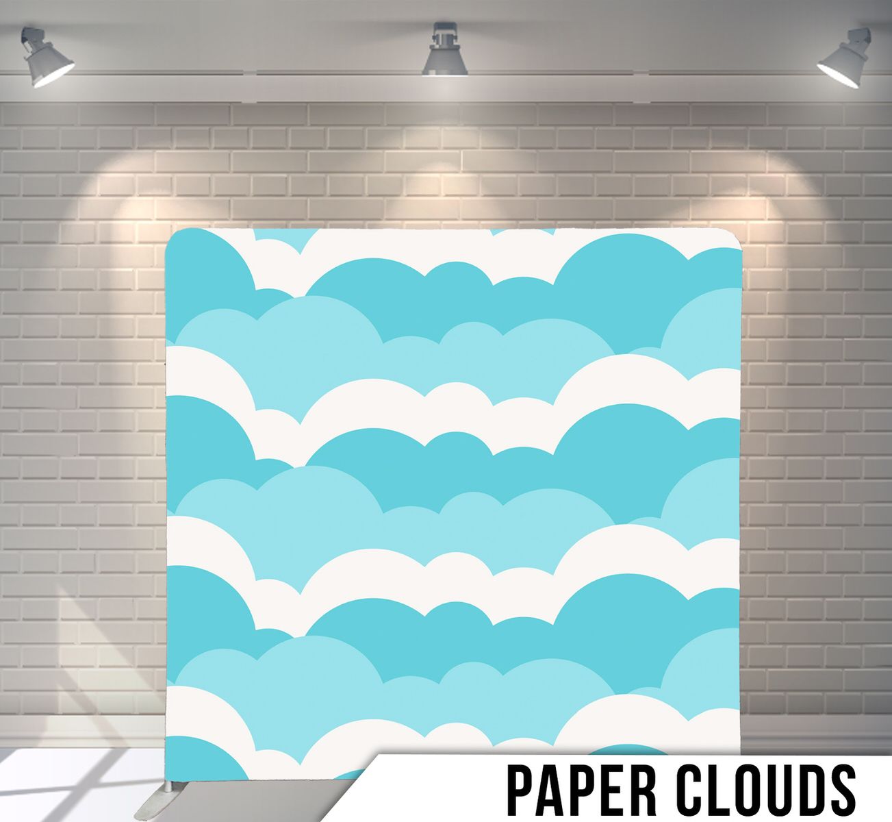 Repeating pattern of light blue cartoon-style clouds on white background.