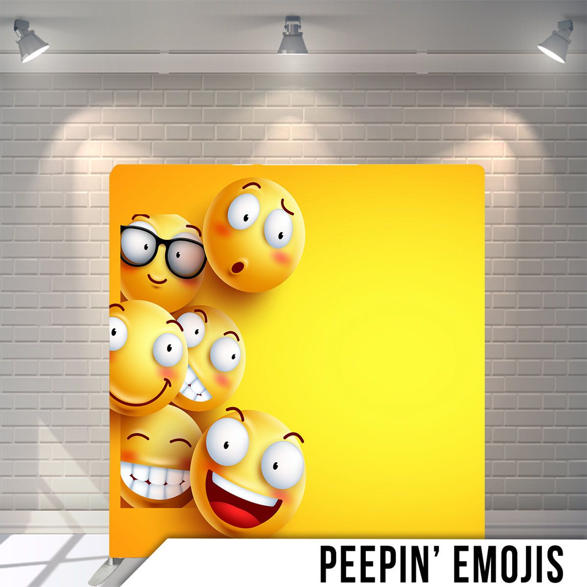 Cartoon emoji faces expressing different emotions against bright yellow background.
