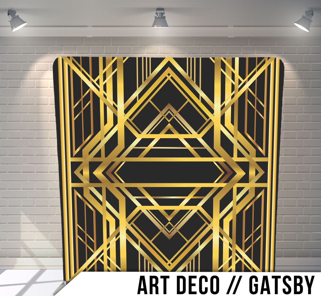 Art deco style geometric pattern in black and gold with triangular and diamond shapes creating symmetrical design.