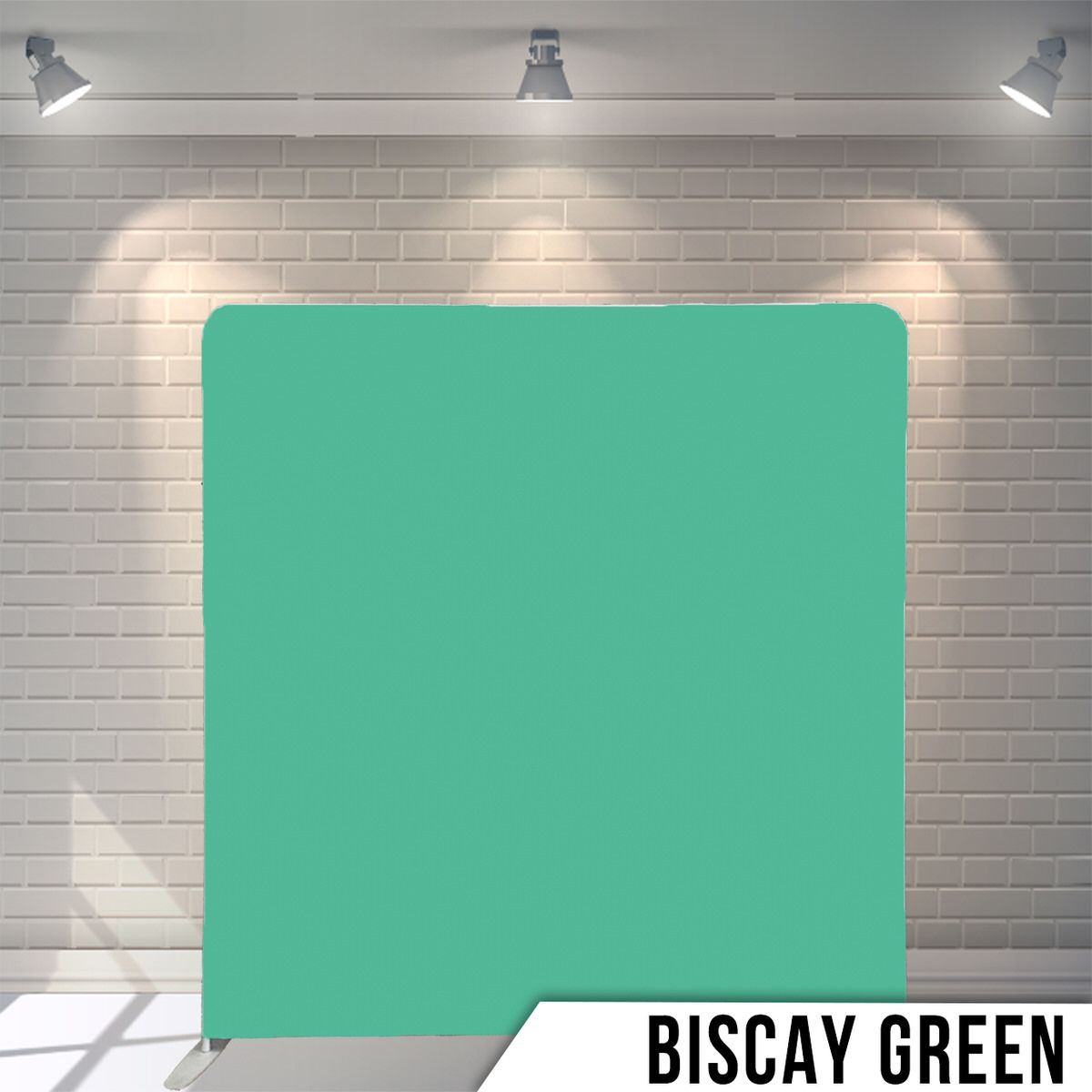 Solid Biscay green colored backdrop displayed against white brick wall with studio lighting.