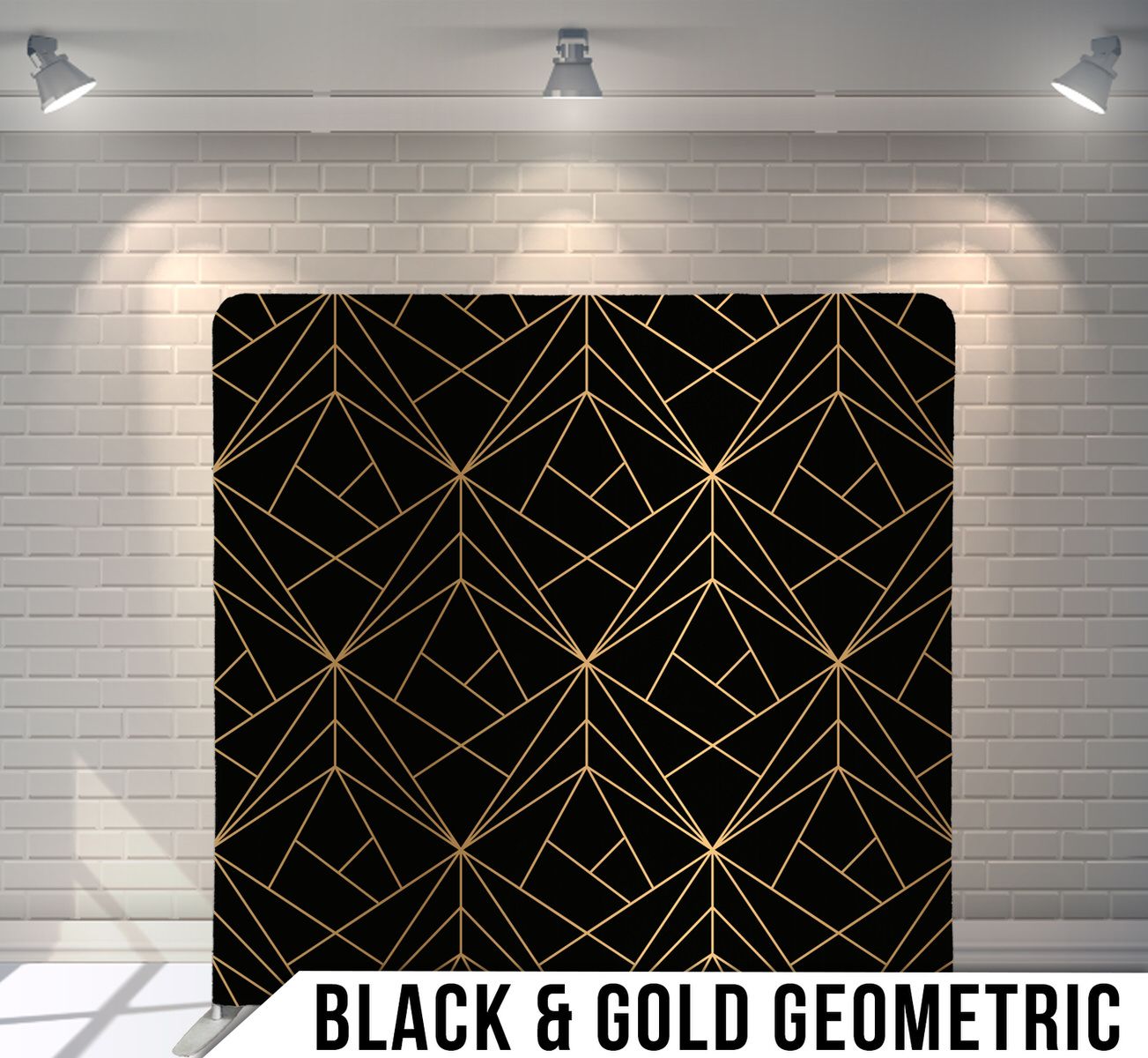 Elegant black background with geometric gold line pattern forming diamond and angular shapes.