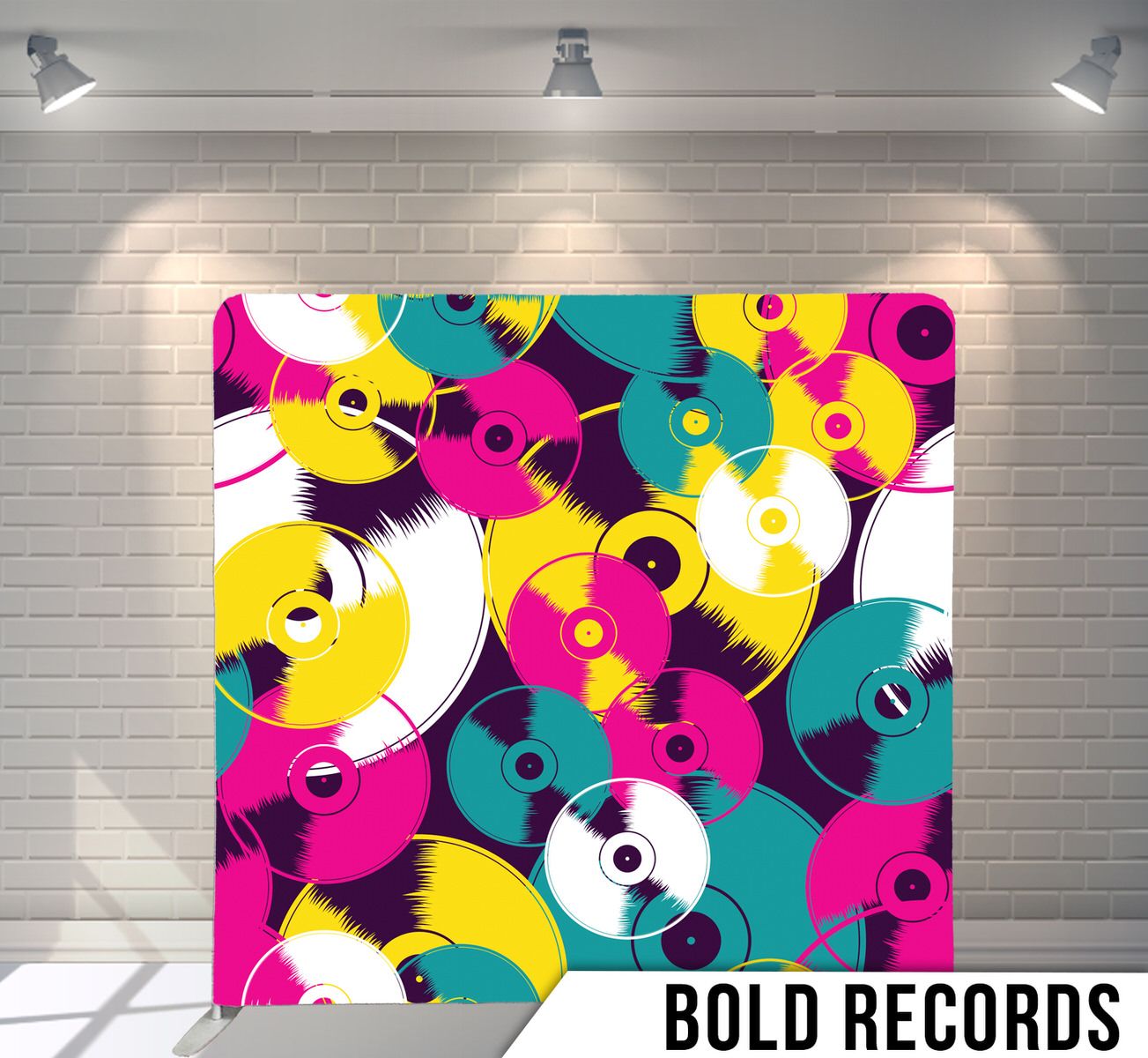 Colorful vinyl records pattern in pink, yellow, and turquoise creating vibrant retro background.