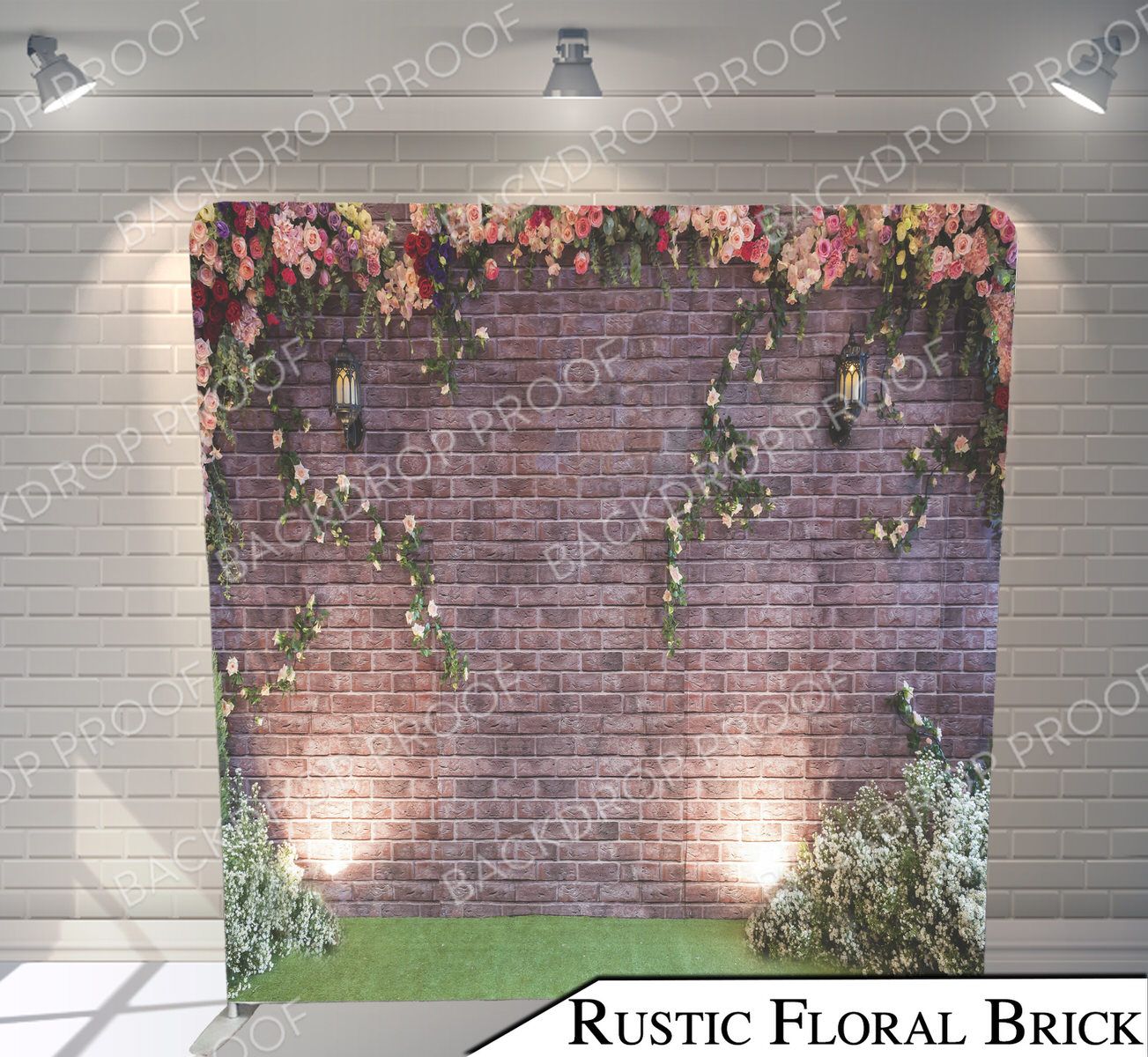 Rustic brick wall backdrop with climbing floral vines and grass base.