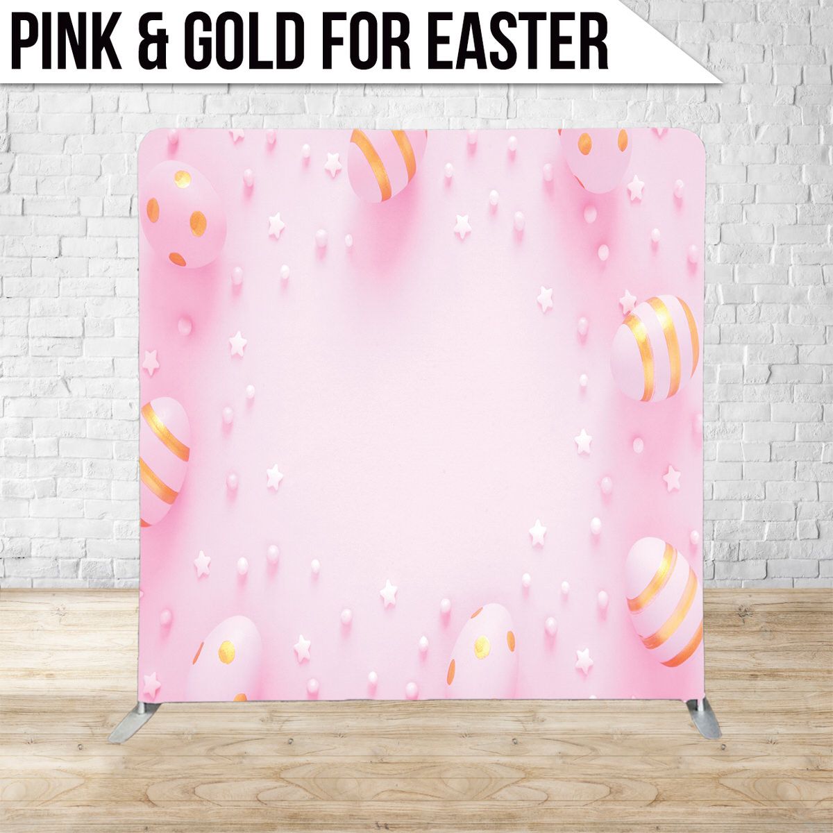 Easter themed background with pink and gold eggs scattered on soft pink gradient.