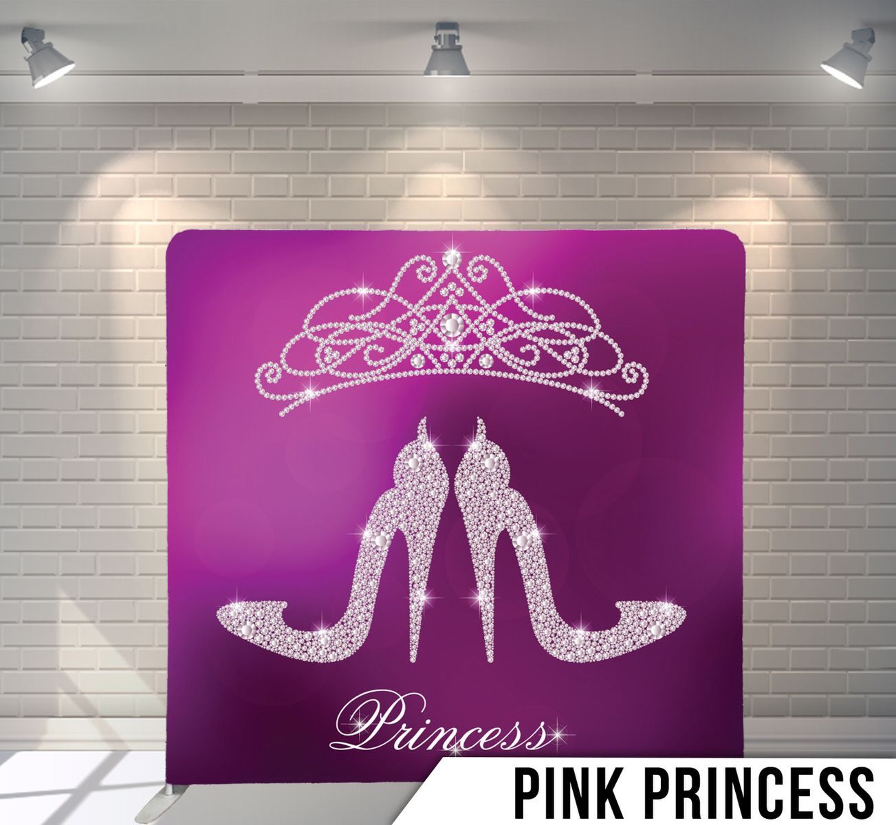 Glittery silver crown and high heel shoes silhouette on purple gradient background.