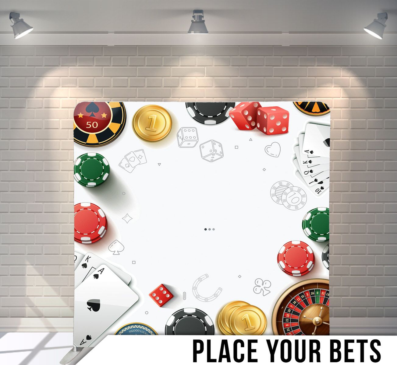 Casino gambling background with poker chips, dice, cards and golden coins arranged in a border frame.