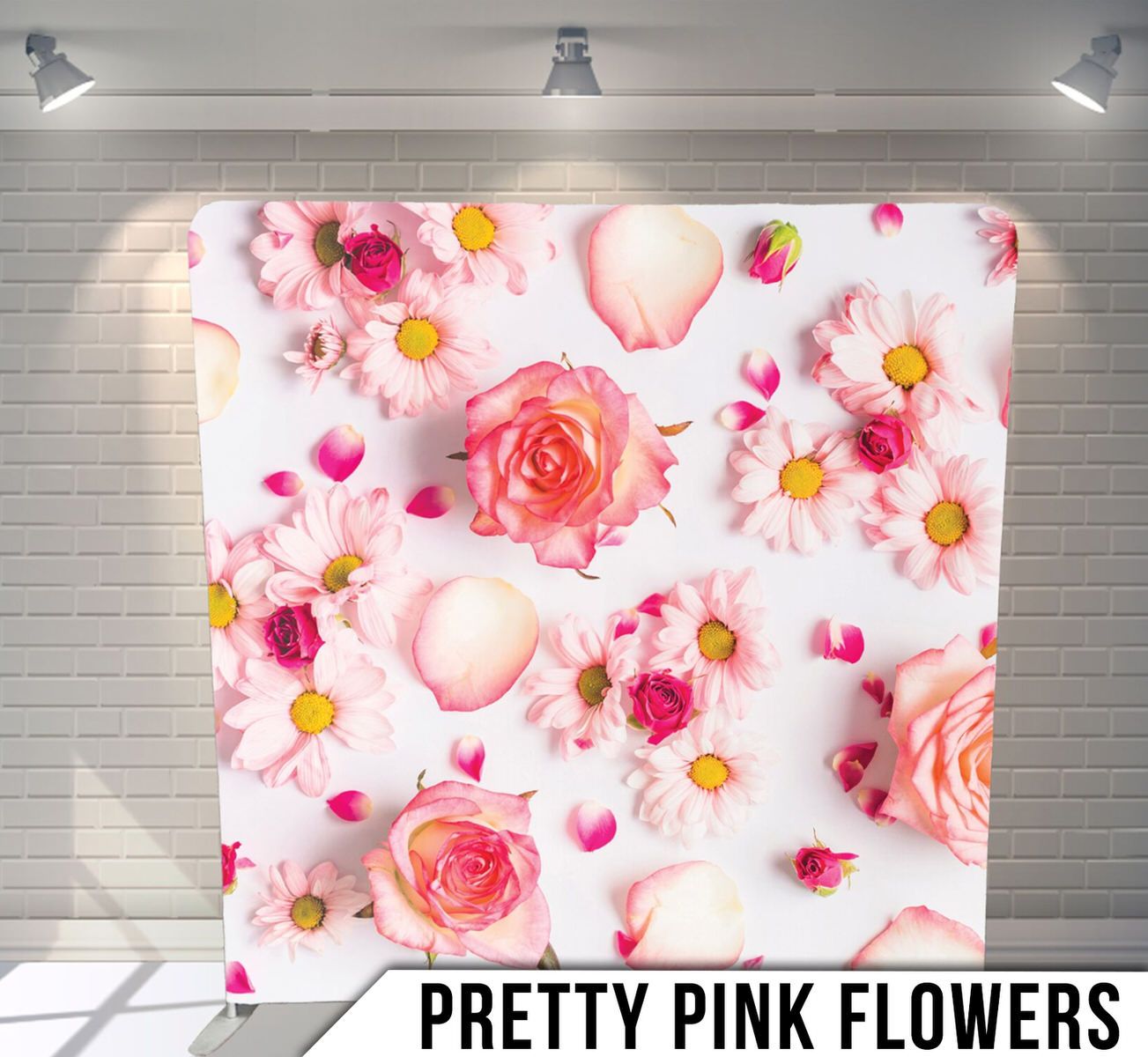 Delicate pink roses and daisies arranged in a dreamy floral pattern against a light background.