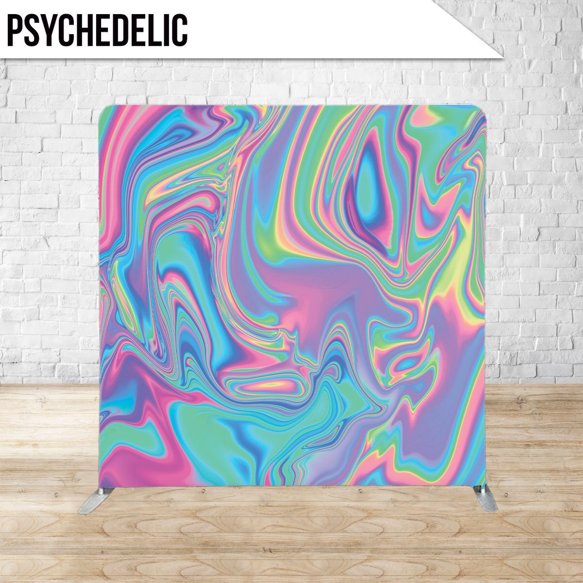 Swirling iridescent pattern with vibrant pink, blue, and yellow marbled effect.