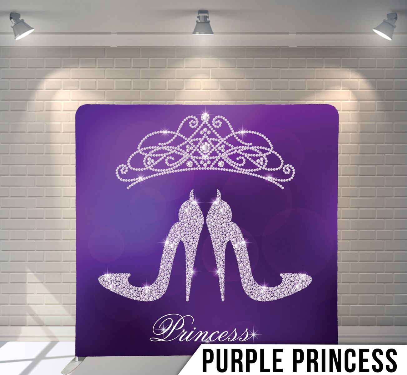 Purple backdrop featuring glittery high heel shoes and tiara silhouettes with Princess text.