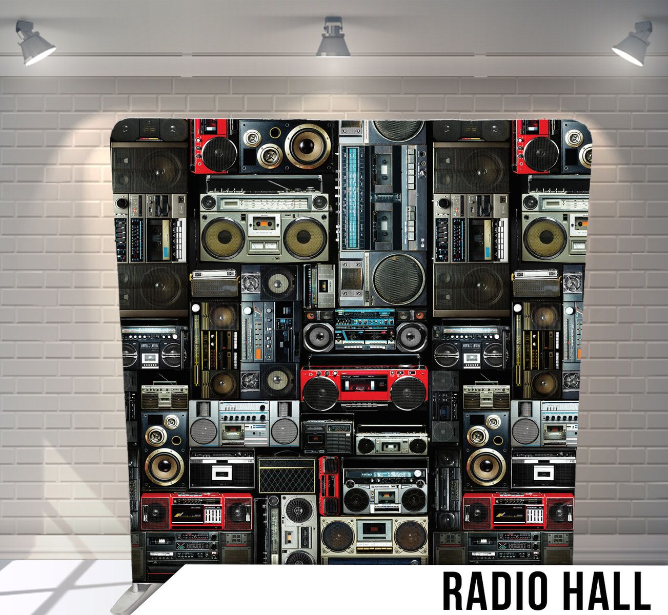 Retro boombox and cassette tape collage pattern on black background.