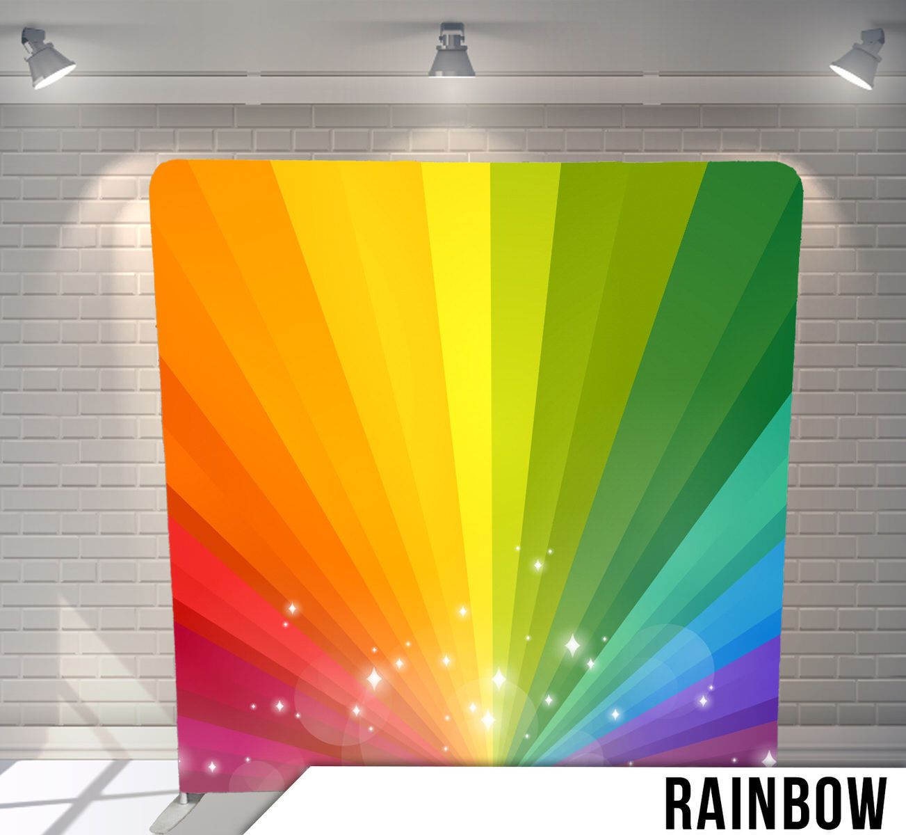 Colorful rainbow starburst background with radiating light beams and sparkles.
