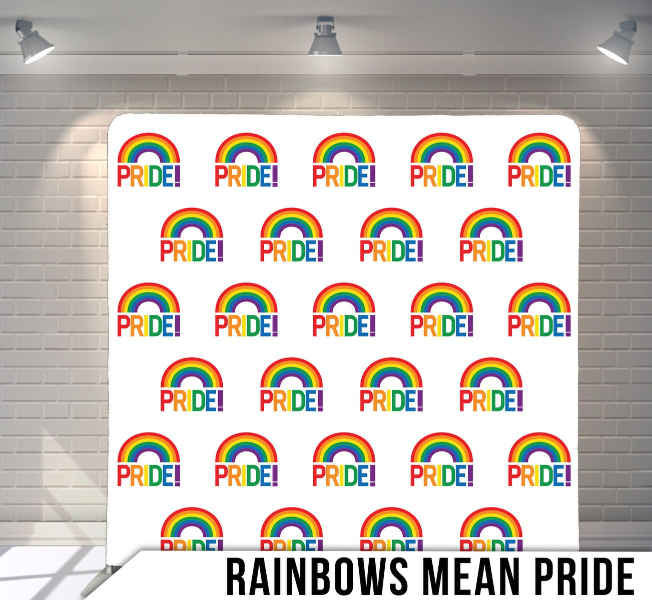 Repeating pattern of rainbow pride text arches on white background arranged in rows.