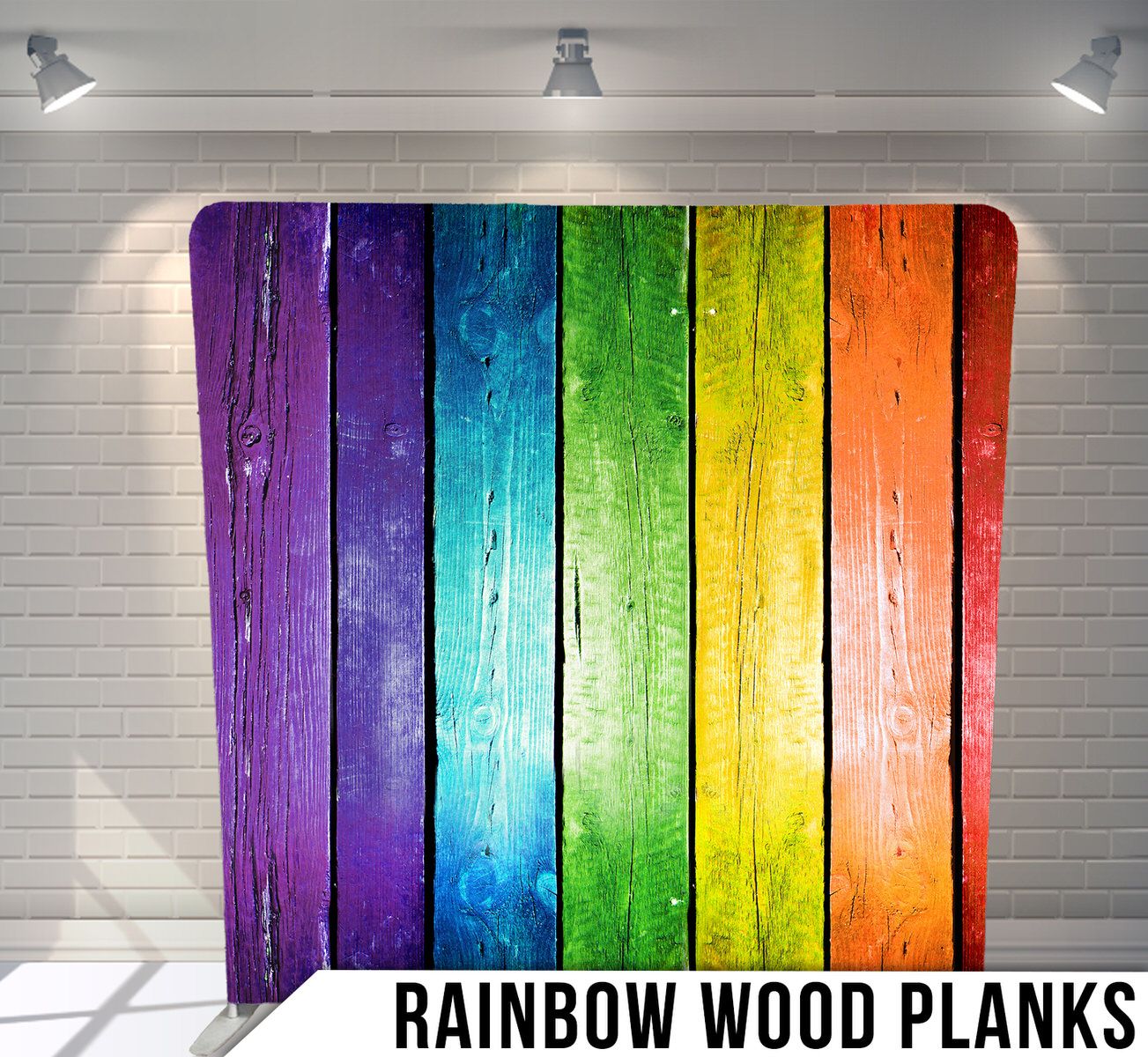 Rustic wooden planks painted in bold rainbow colors arranged vertically.