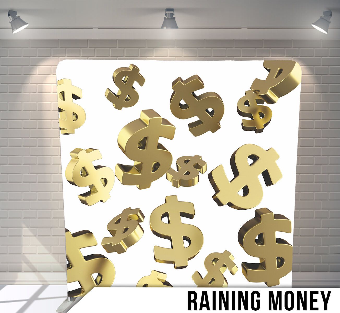 Gold dollar signs scattered randomly on white background in various sizes.