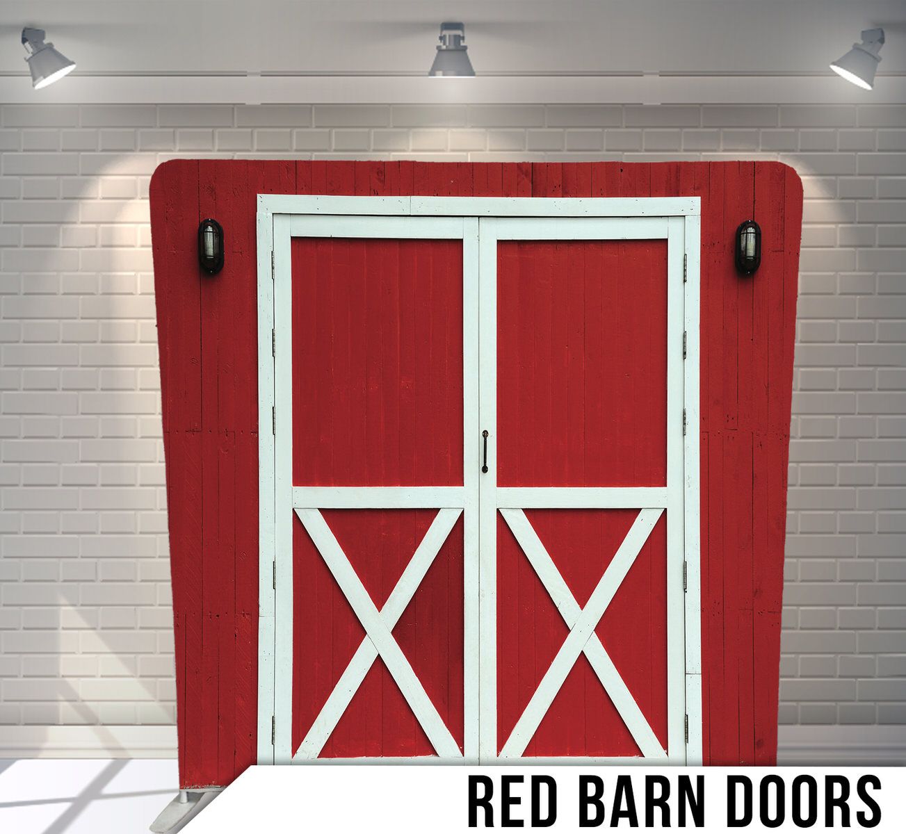 Classic red barn doors with white X-pattern trim and black hardware mounted on light background.
