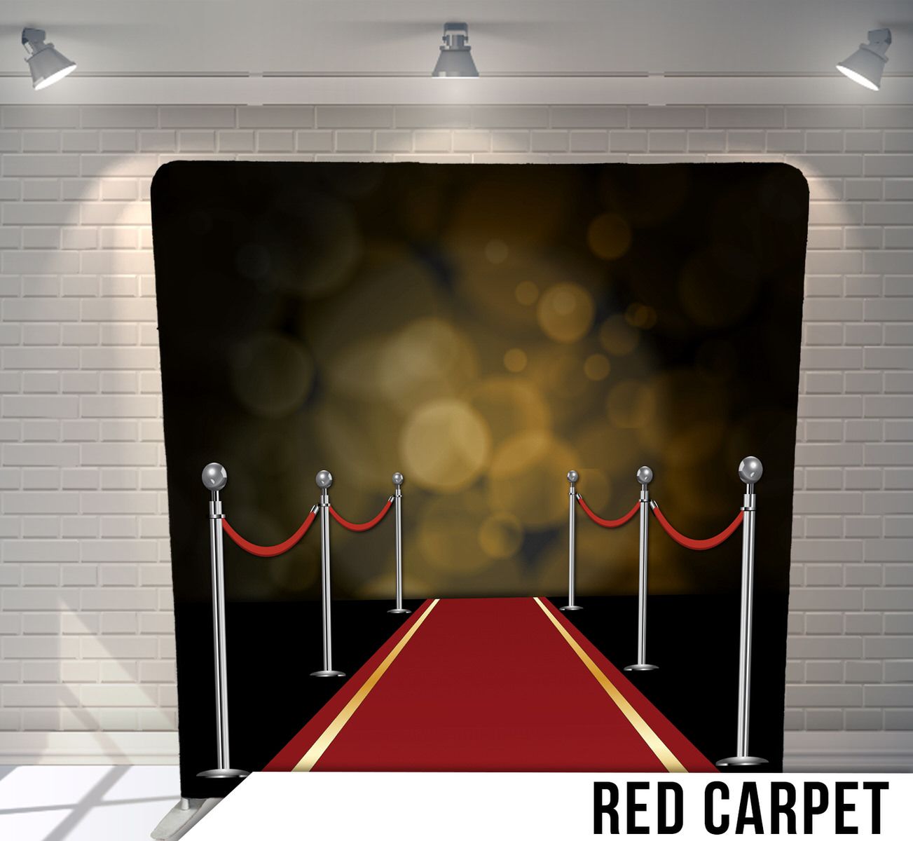 Red carpet with velvet ropes and stanchions against a dark bokeh background.