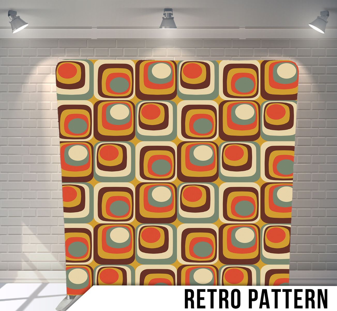 Retro geometric pattern with orange, brown and cream colored squares in vintage 70s style.