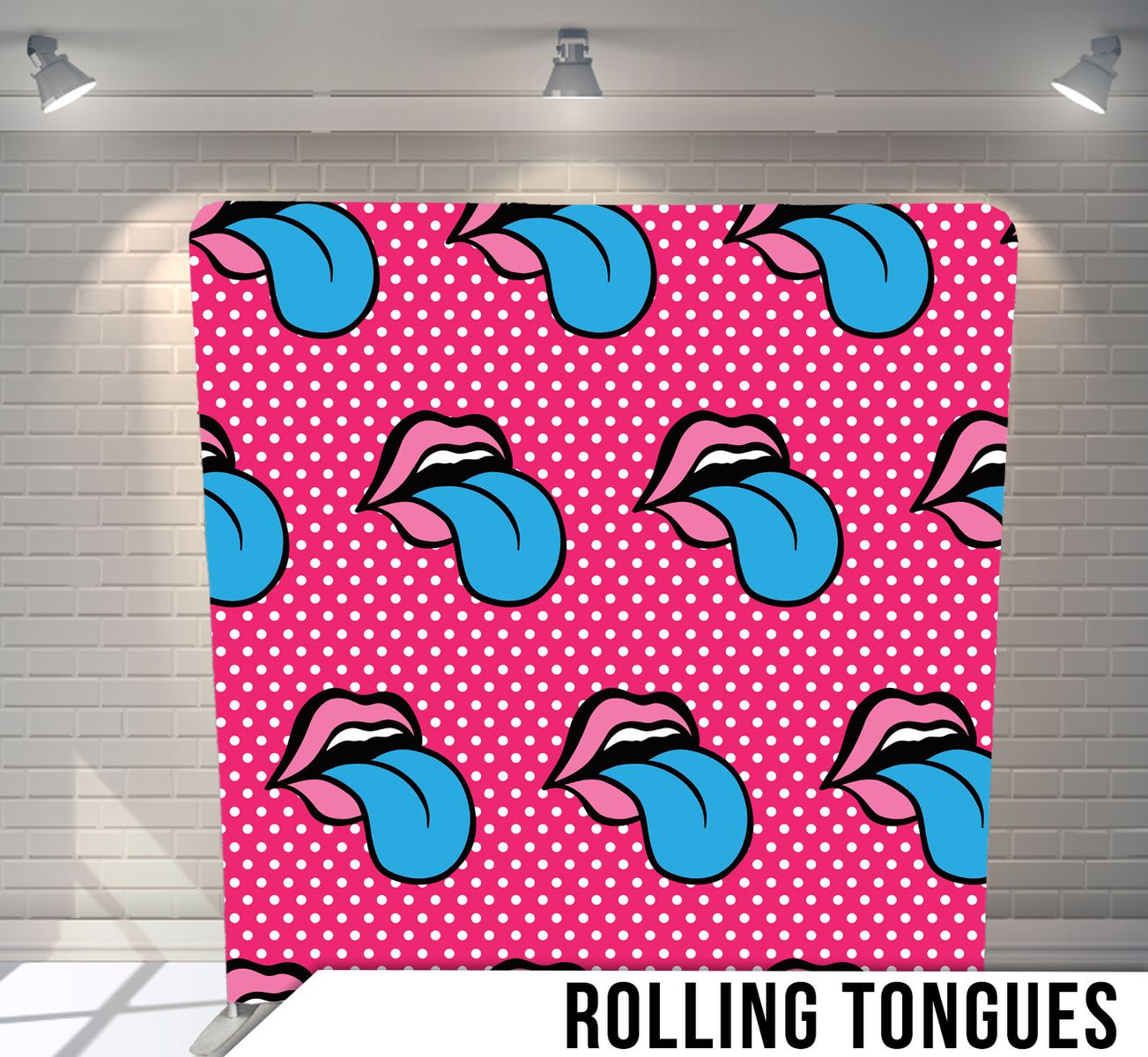 Pop art pattern of blue tongues and lips on pink polka dot background.