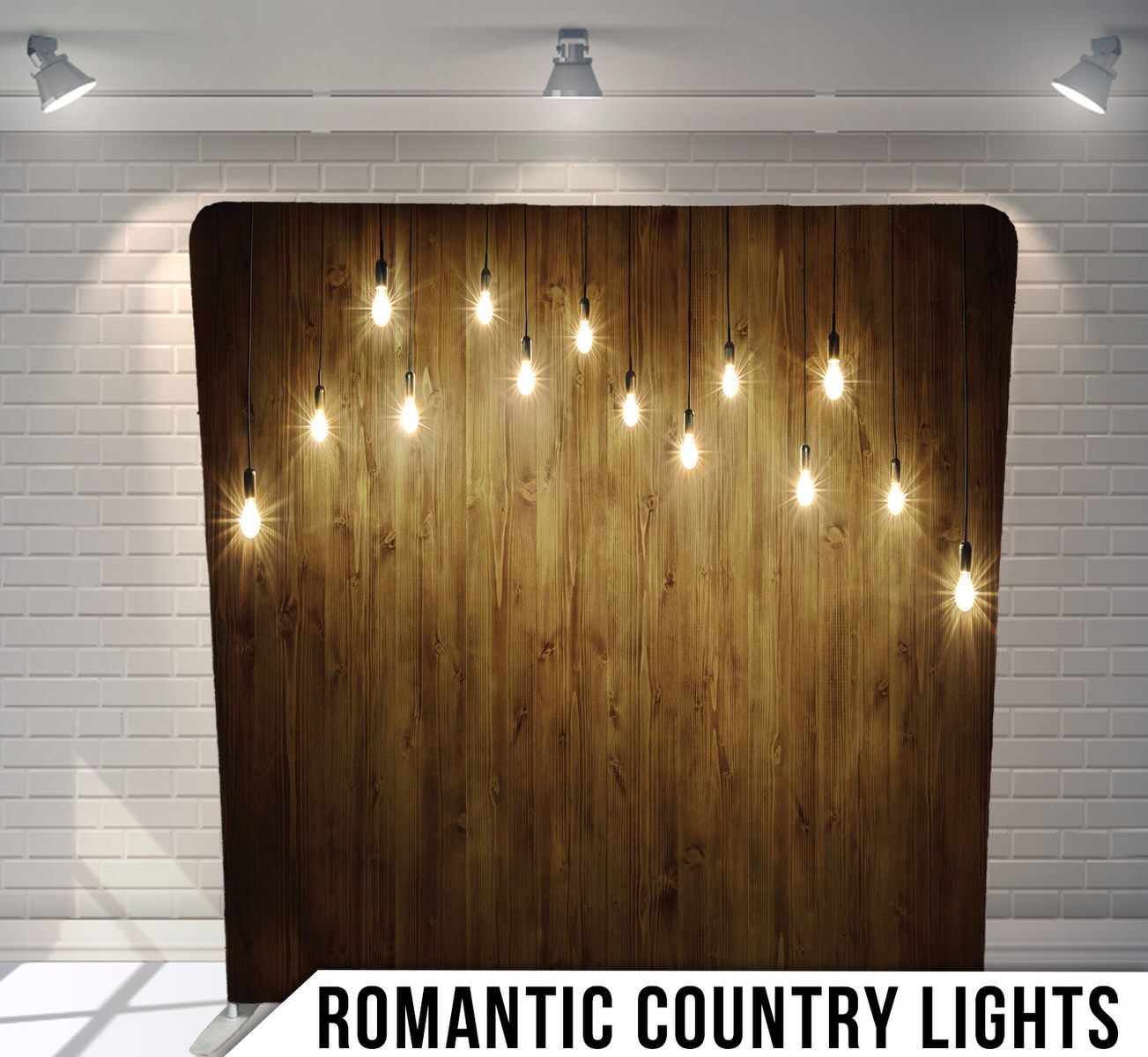 Rustic wooden wall backdrop with hanging string lights creating warm ambiance.