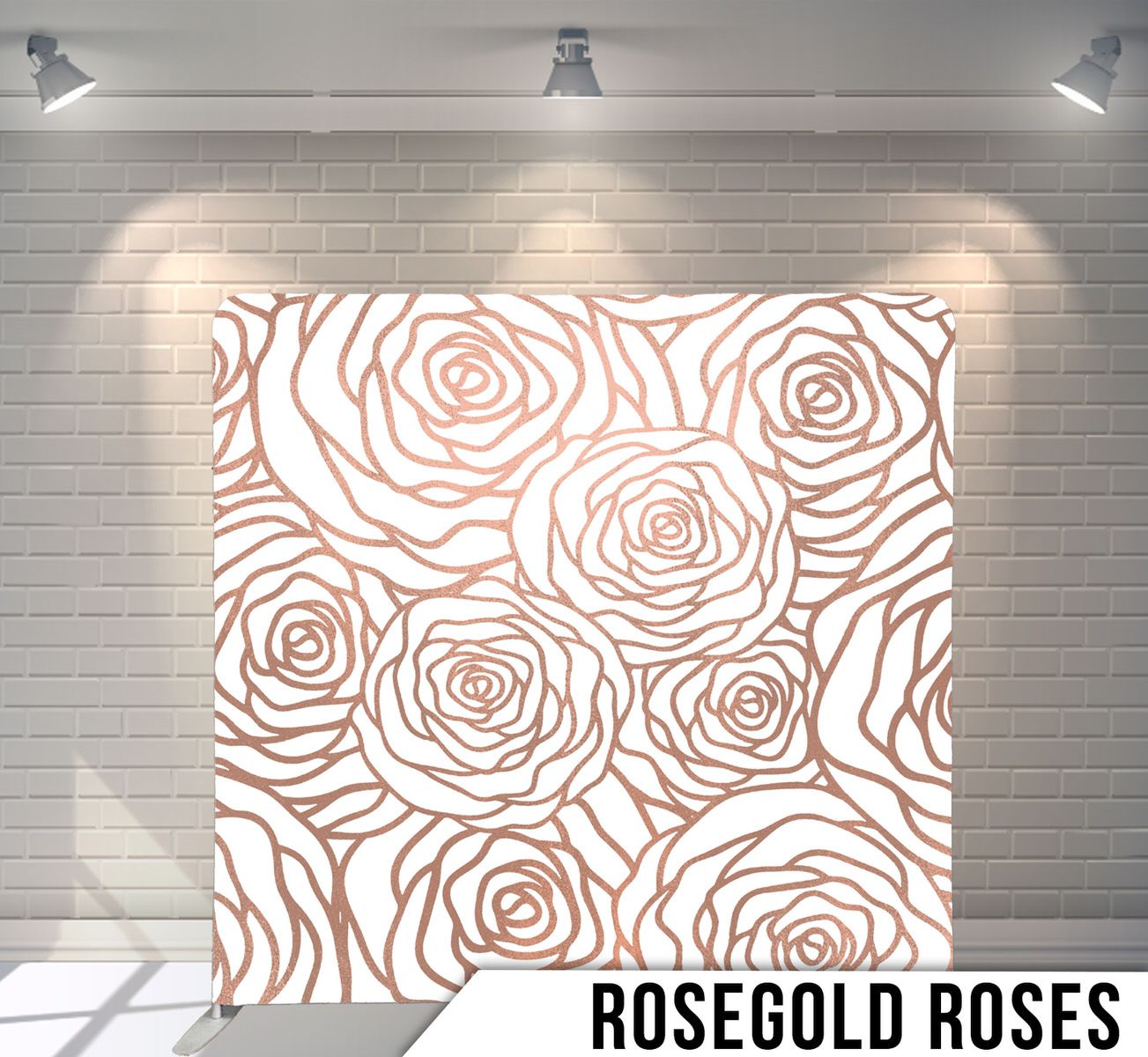 Abstract pattern of stylized rose outlines in rose gold on white background.