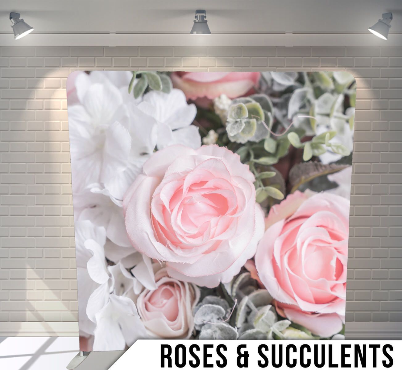 Close-up of pink roses and succulents creating an elegant floral photography backdrop.