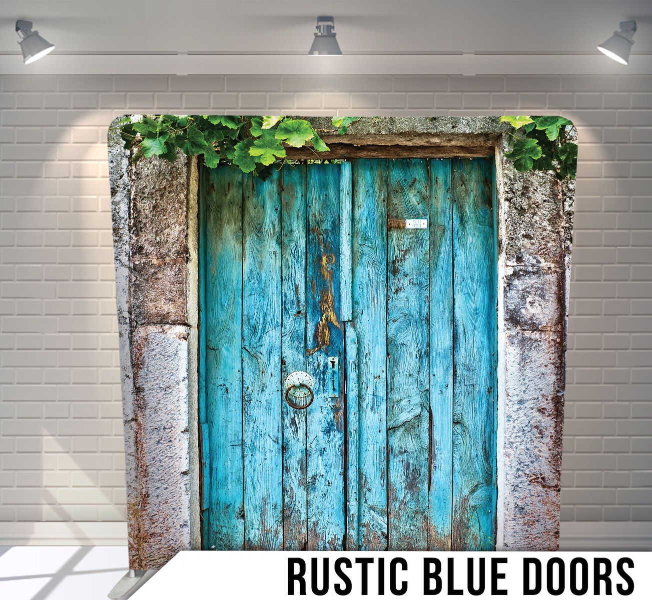 Weathered turquoise wooden door with rustic stone frame and climbing vines.