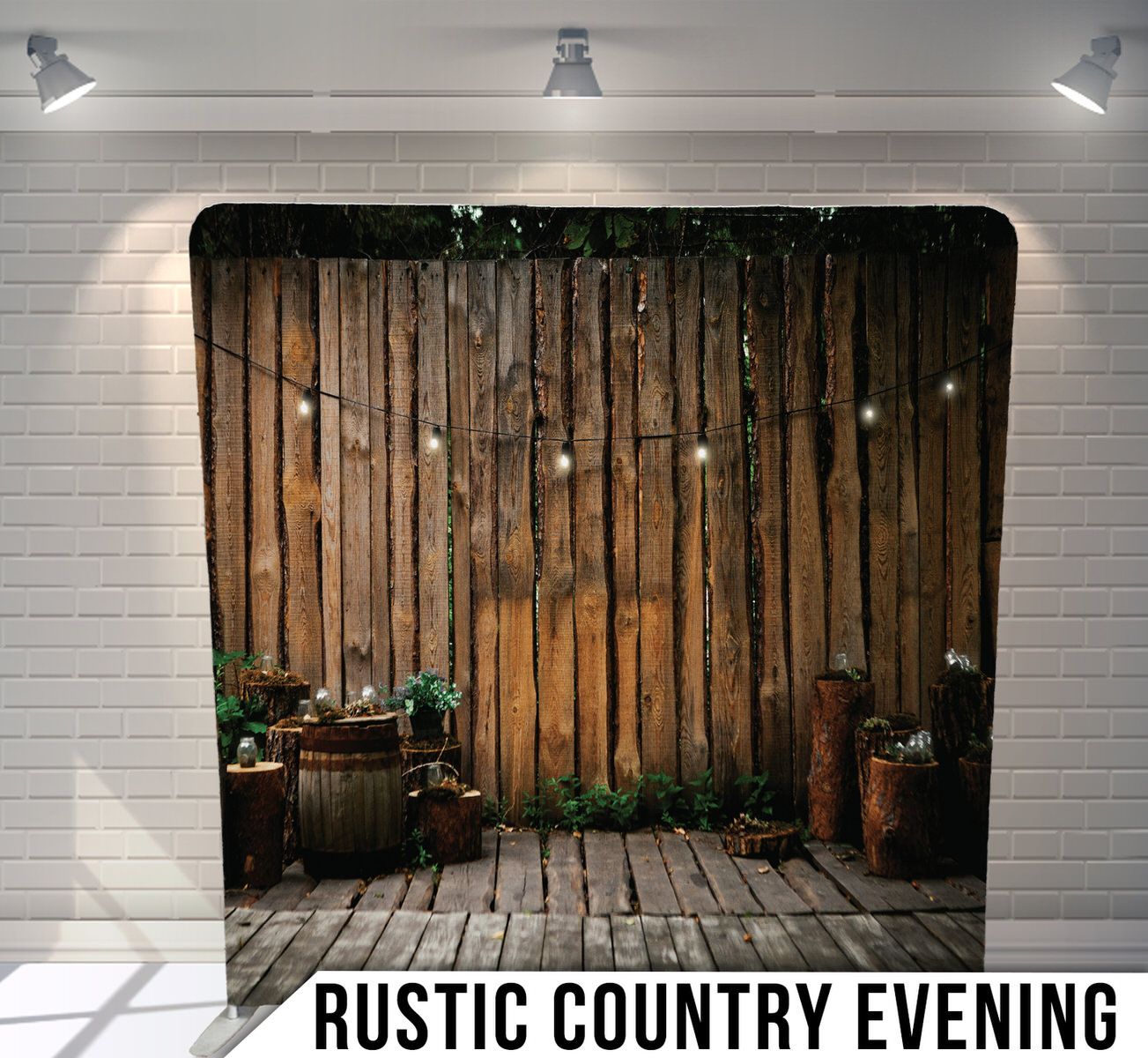 Wooden fence backdrop with string lights and potted plants creating evening ambiance.