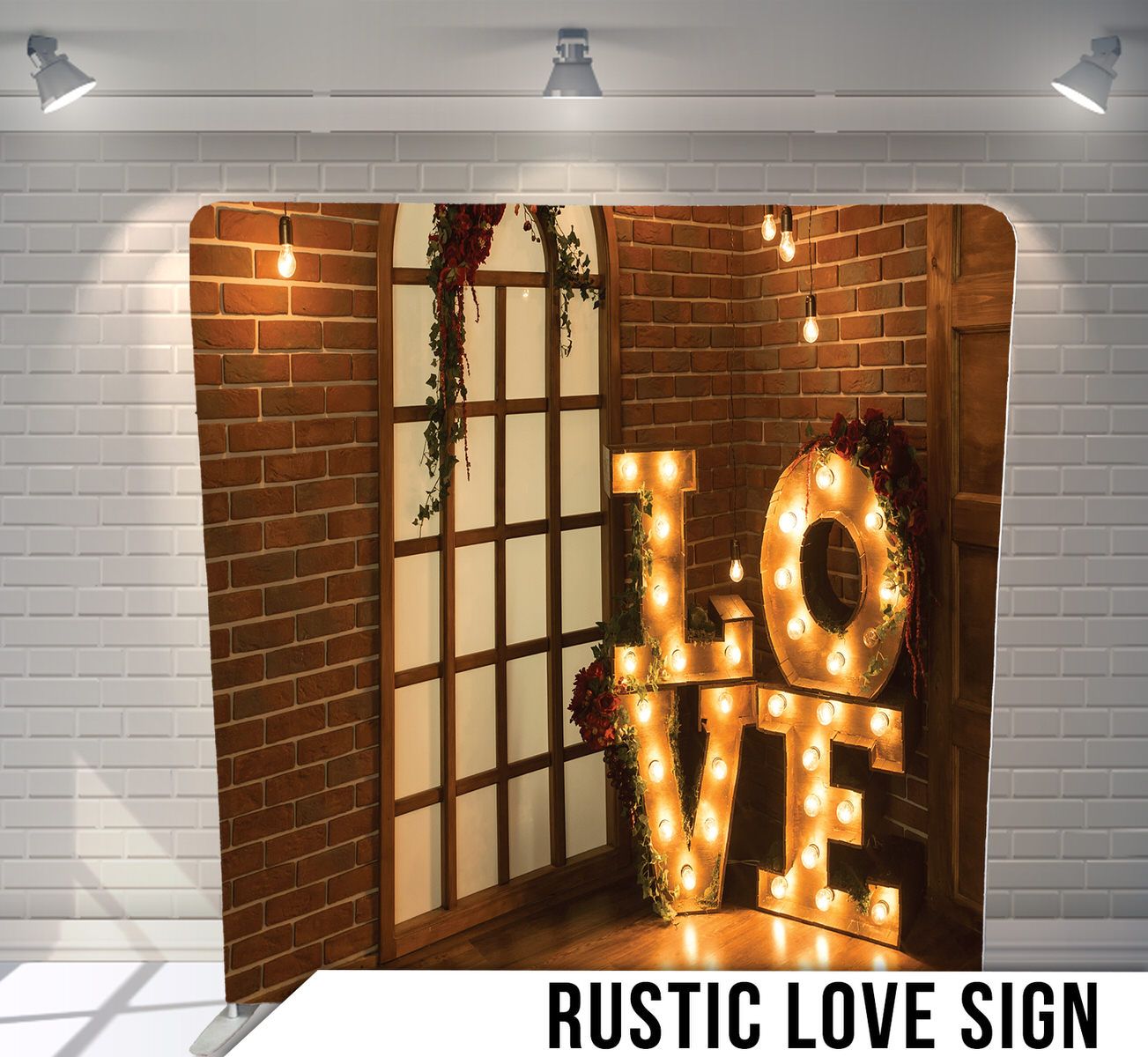 Vertical LOVE sign with glowing marquee lights against industrial brick wall corner.