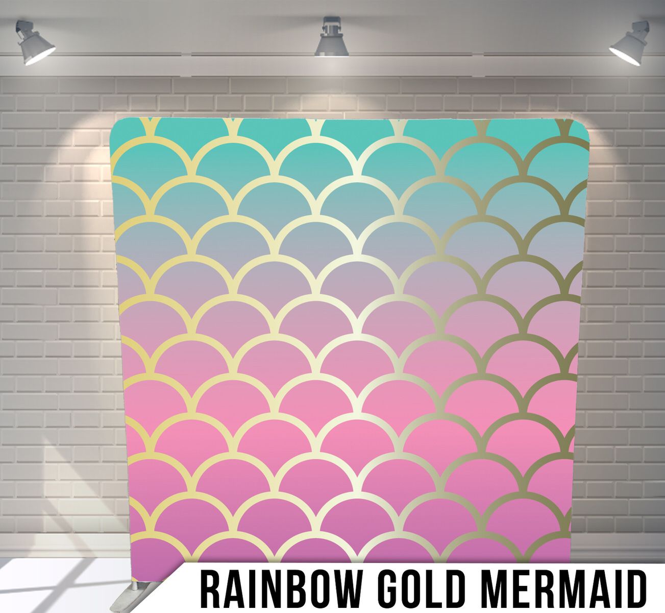 Pastel mermaid scale pattern in turquoise and pink with metallic gold accents.