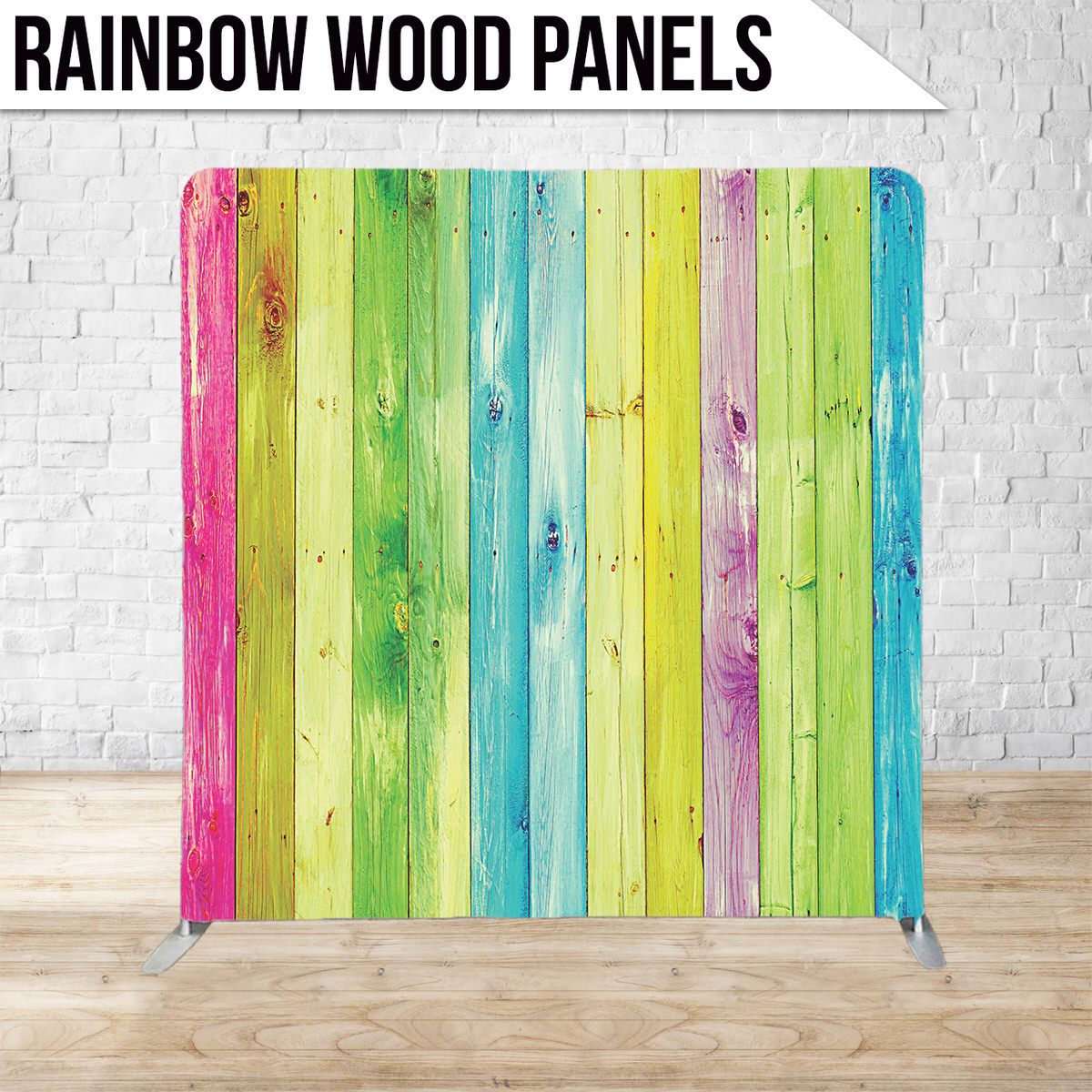 Vertical wooden panels painted in bright rainbow colors creating a colorful striped pattern.