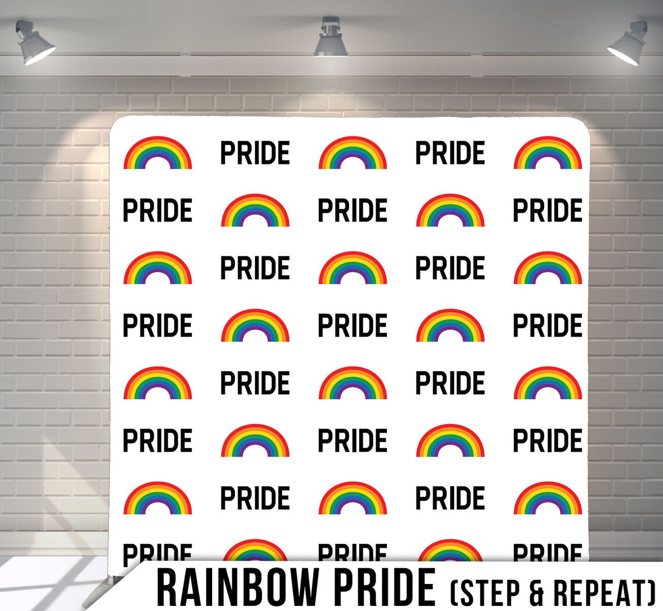 Repeating pattern of rainbow pride flags and text on white background.